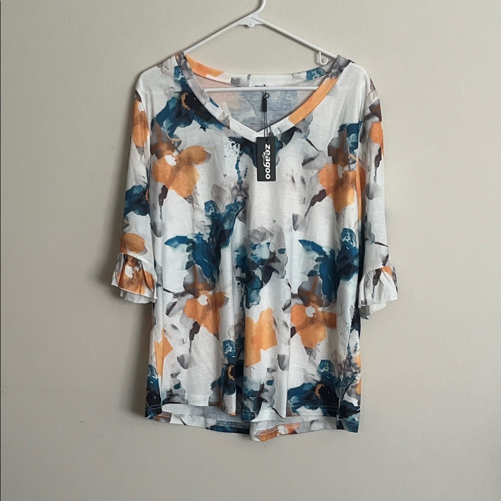 Zeagoo Women's Long Sleeve Top - White, Blue, and Orange Floral